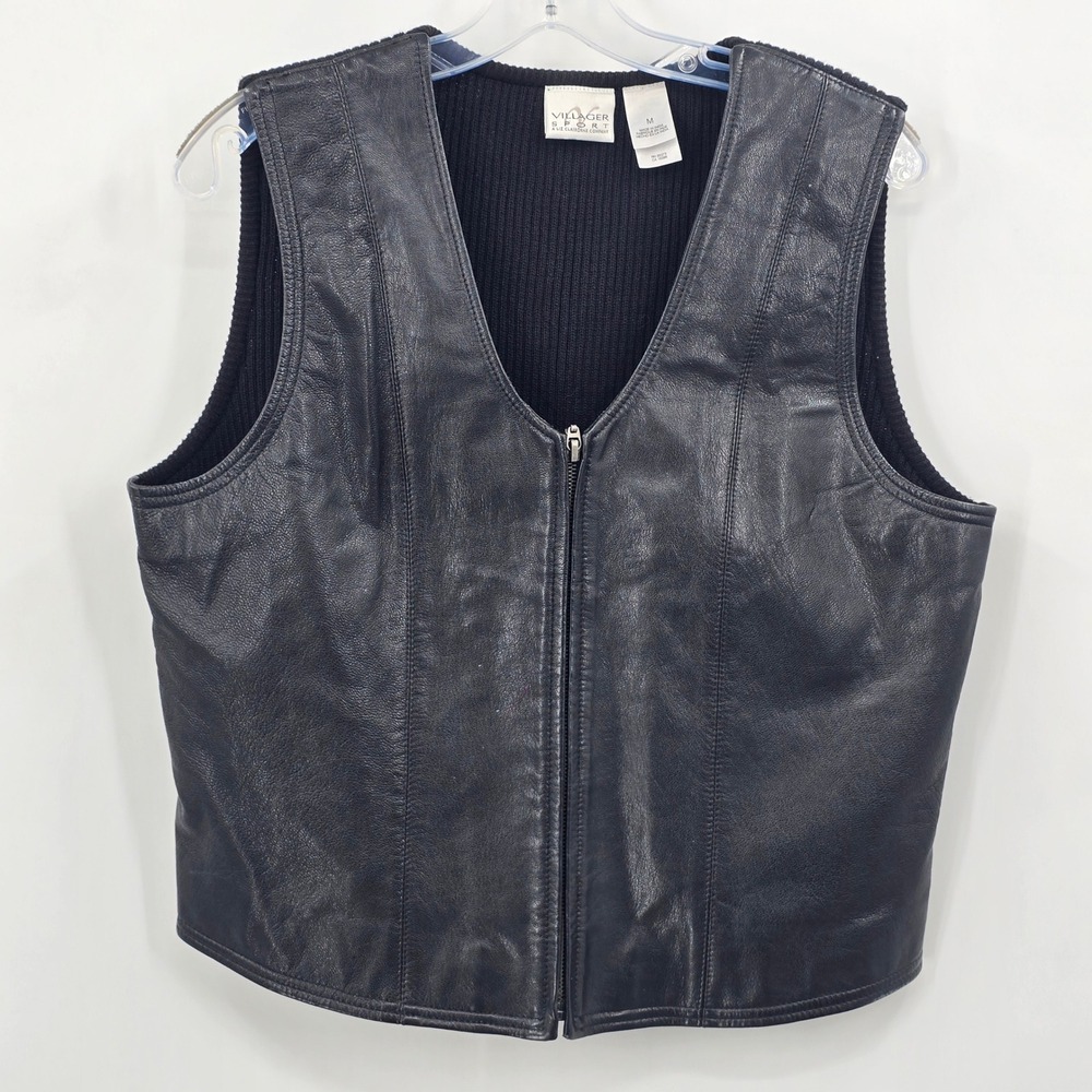 Villager Sport Liz Claiborne Vest Womens M Black Leather Knit Back Full Zip